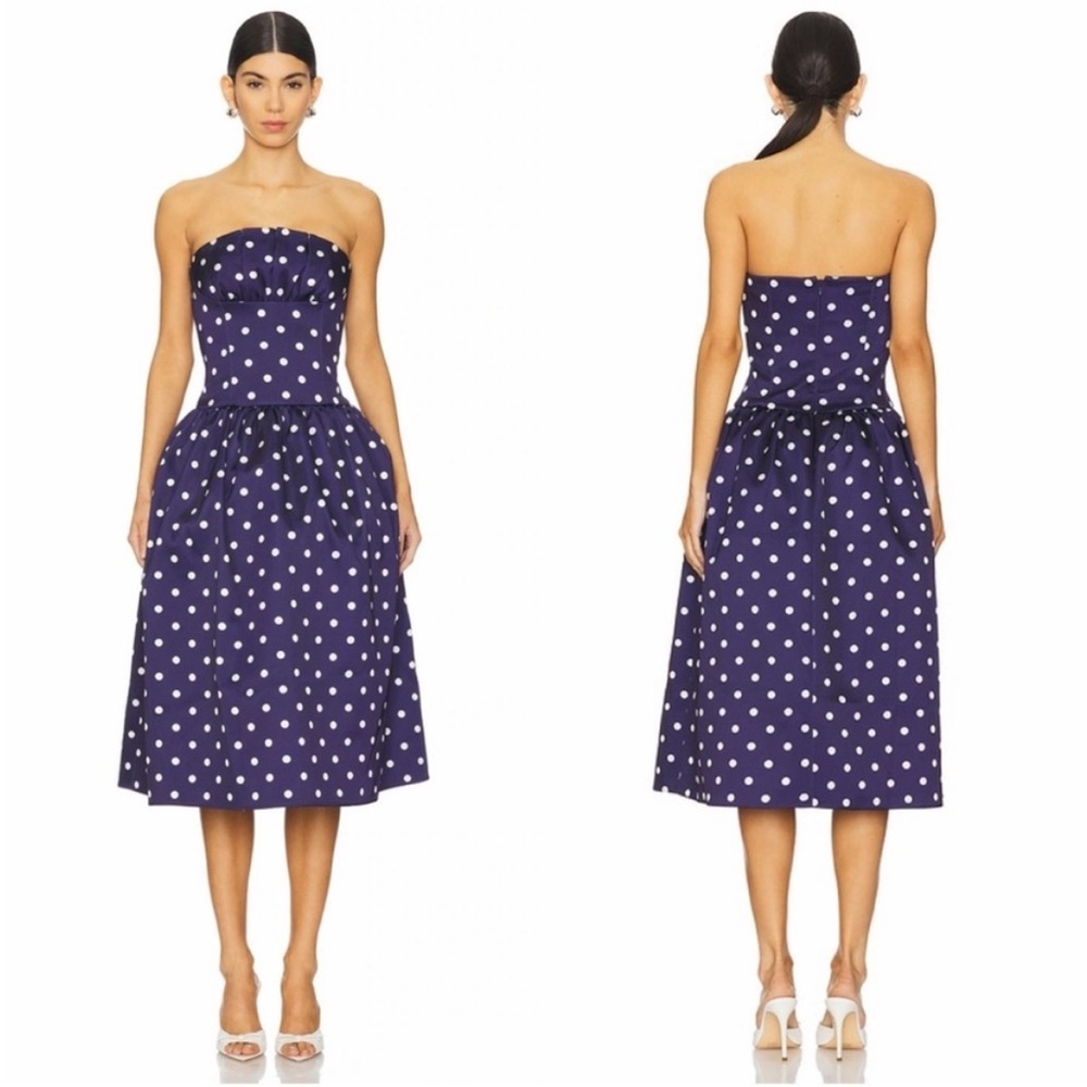self-portrait Polka Dot Satin Midi Dress in Navy
